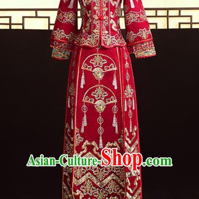 Chinese Ancient Bride Embroidered Fan Blouse and Dress Diamante Xiu He Suit Wedding Costumes Traditional Red Bottom Drawer for Women