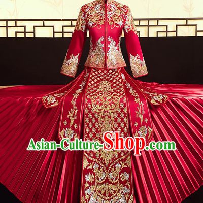 Chinese Ancient Bride Embroidered Flowers Blouse and Dress Diamante Xiu He Suit Wedding Costumes Traditional Red Bottom Drawer for Women