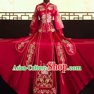 Chinese Ancient Bride Embroidered Peony Blouse and Dress Diamante Xiu He Suit Wedding Costumes Traditional Red Bottom Drawer for Women