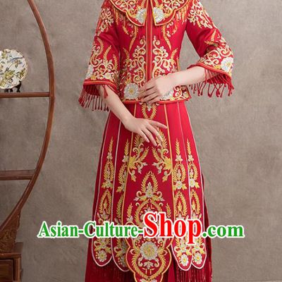 Chinese Ancient Bride Embroidered Blouse and Dress Xiu He Suit Wedding Costumes Traditional Red Bottom Drawer for Women
