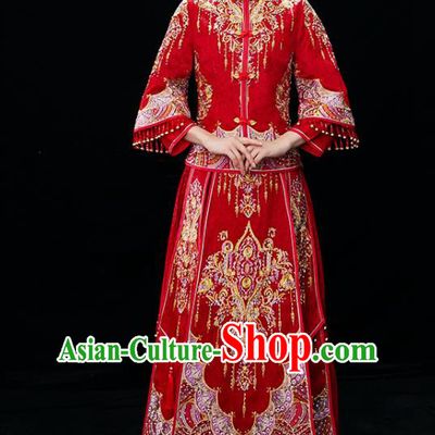 Chinese Ancient Bride Embroidered Blouse and Dress Diamante Xiu He Suit Wedding Costumes Traditional Red Bottom Drawer for Women