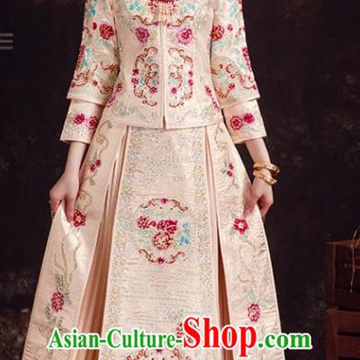 Chinese Ancient Bride Embroidered Diamante Peony Champagne Xiu He Suit Wedding Costumes Blouse and Dress Traditional Bottom Drawer for Women