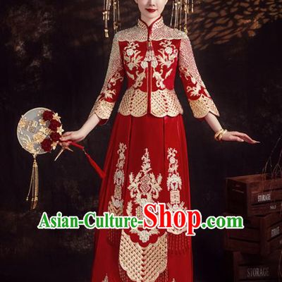 Chinese Ancient Bride Embroidered Diamante Red Xiu He Suit Wedding Costumes Blouse and Dress Traditional Bottom Drawer for Women