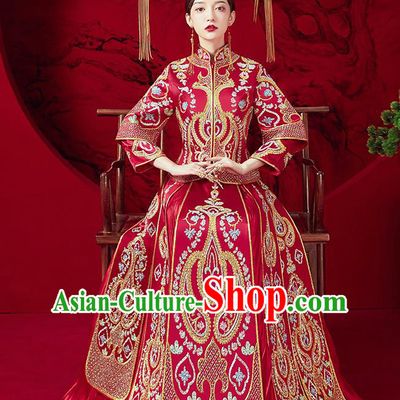 Chinese Ancient Bride Embroidered Red Blouse and Dress Traditional Red Xiu He Suit Wedding Costumes for Women