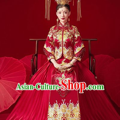 Chinese Ancient Bride Embroidered Peony Red Blouse and Dress Traditional Red Xiu He Suit Wedding Costumes for Women
