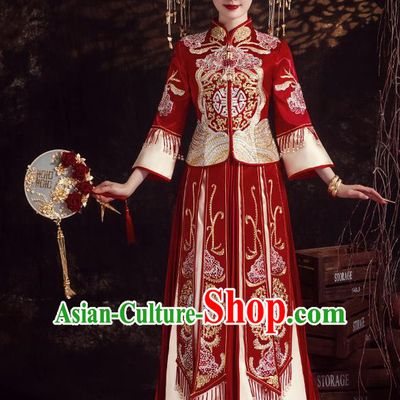 Chinese Ancient Bride Embroidered Diamante Peony Red Xiu He Suit Wedding Costumes Blouse and Dress Traditional Bottom Drawer for Women