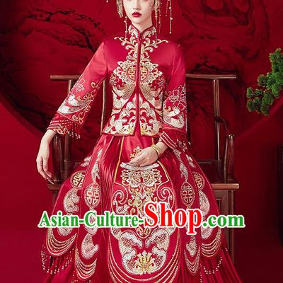 Chinese Ancient Embroidered Red Blouse and Dress Traditional Bride Red Xiu He Suit Wedding Costumes for Women