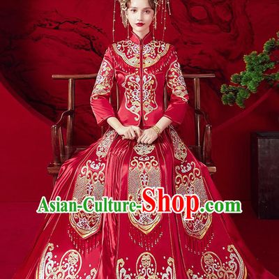 Chinese Ancient Embroidered Peony Red Blouse and Dress Traditional Bride Red Xiu He Suit Wedding Costumes for Women