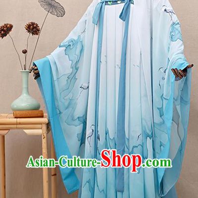 Chinese Traditional Tang Dynasty Princess Blue Hanfu Dress Ancient Peri Goddess Costumes for Women