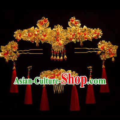 Chinese Ancient Bride Golden Hair Comb Hairpins Traditional Wedding Hair Accessories for Women