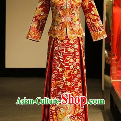 Chinese Ancient Wedding Embroidered Phoenix Peony Red Blouse and Dress Traditional Bride Xiu He Suit Costumes for Women