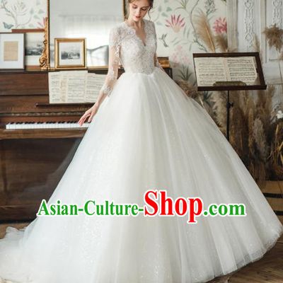 Custom Top Grade White Lace Wedding Dress Bride Trailing Full Dress for Women
