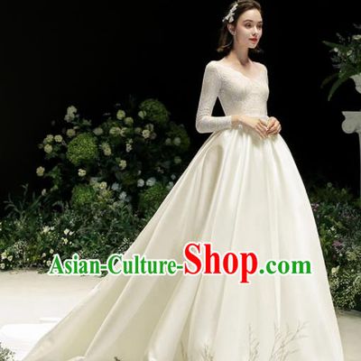 Custom Top Grade White Satin Wedding Dress Bride Trailing Full Dress for Women