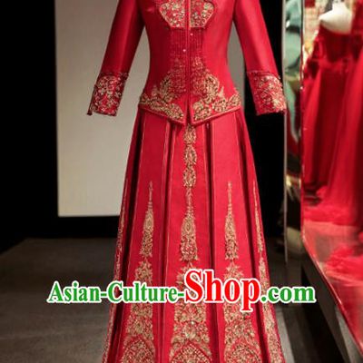 Chinese Ancient Wedding Embroidered Beads Red Blouse and Dress Traditional Bride Xiu He Suit Costumes for Women