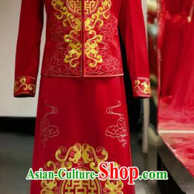 Chinese Ancient Bridegroom Red Mandarin Jacket and Gown Traditional Wedding Tang Suit Costumes for Men
