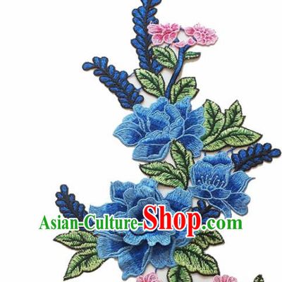 Chinese Traditional Embroidery Blue Peony Applique Embroidered Patches Embroidering Cloth Accessories