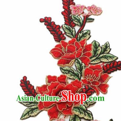 Chinese Traditional Embroidery Red Peony Applique Embroidered Patches Embroidering Cloth Accessories