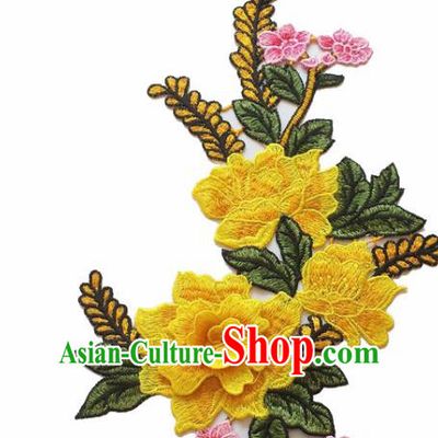 Chinese Traditional Embroidery Yellow Peony Applique Embroidered Patches Embroidering Cloth Accessories
