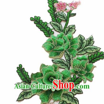 Chinese Traditional Embroidery Green Peony Applique Embroidered Patches Embroidering Cloth Accessories