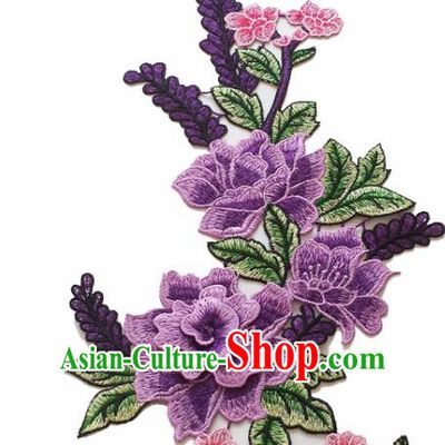 Chinese Traditional Embroidery Purple Peony Applique Embroidered Patches Embroidering Cloth Accessories