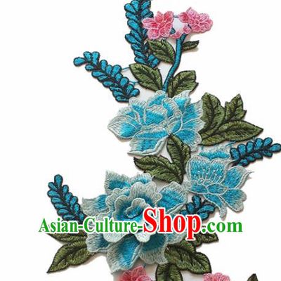 Chinese Traditional Embroidery Light Blue Peony Applique Embroidered Patches Embroidering Cloth Accessories