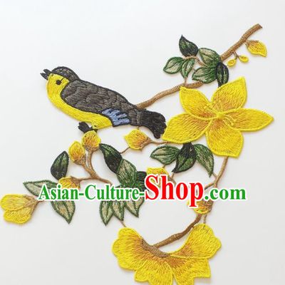 Chinese Traditional Embroidery Mangnolia Bird Yellow Applique Embroidered Patches Embroidering Cloth Accessories