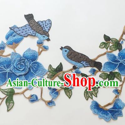Chinese Traditional Embroidery Birds Blue Mangnolia Applique Embroidered Patches Embroidering Cloth Accessories