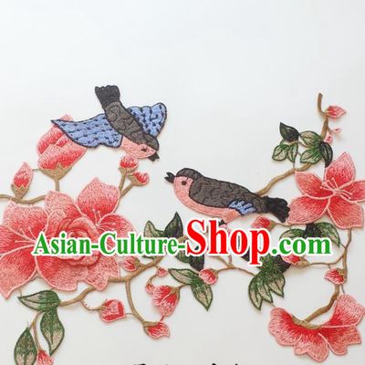 Chinese Traditional Embroidery Birds Pink Mangnolia Applique Embroidered Patches Embroidering Cloth Accessories