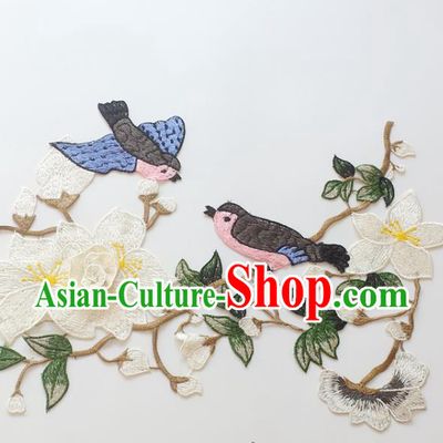 Chinese Traditional Embroidery Birds White Mangnolia Applique Embroidered Patches Embroidering Cloth Accessories