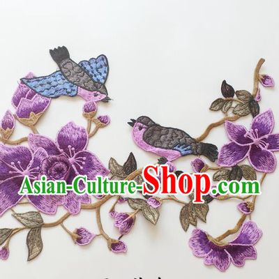 Chinese Traditional Embroidery Birds Purple Mangnolia Applique Embroidered Patches Embroidering Cloth Accessories