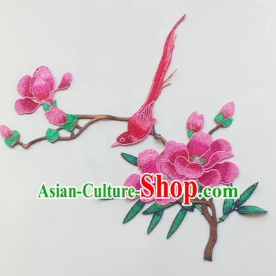 Chinese Traditional Embroidery Rosy Yulan Magnolia Bird Applique Embroidered Patches Embroidering Cloth Accessories