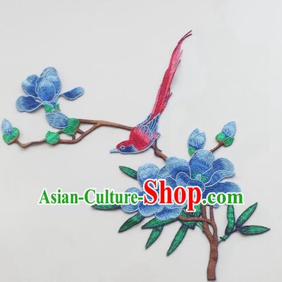 Chinese Traditional Embroidery Blue Yulan Magnolia Bird Applique Embroidered Patches Embroidering Cloth Accessories
