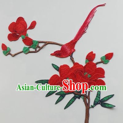 Chinese Traditional Embroidery Red Yulan Magnolia Bird Applique Embroidered Patches Embroidering Cloth Accessories