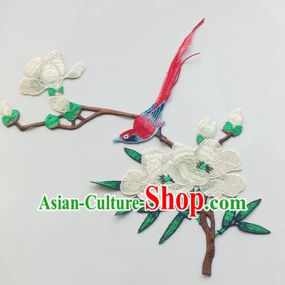 Chinese Traditional Embroidery White Yulan Magnolia Bird Applique Embroidered Patches Embroidering Cloth Accessories