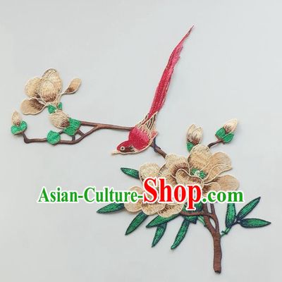 Chinese Traditional Embroidery Brown Yulan Magnolia Bird Applique Embroidered Patches Embroidering Cloth Accessories