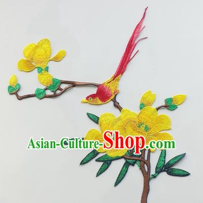 Chinese Traditional Embroidery Yellow Yulan Magnolia Bird Applique Embroidered Patches Embroidering Cloth Accessories