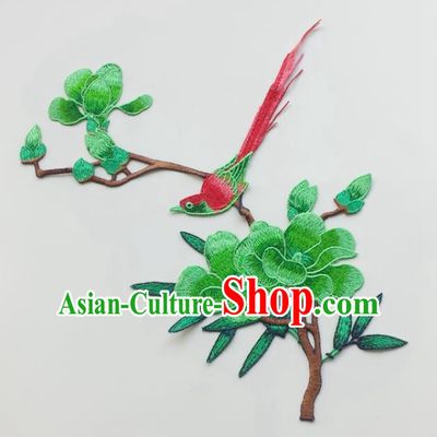 Chinese Traditional Embroidery Green Yulan Magnolia Bird Applique Embroidered Patches Embroidering Cloth Accessories