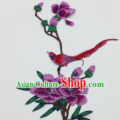Chinese Traditional Embroidery Purple Yulan Magnolia Bird Applique Embroidered Patches Embroidering Cloth Accessories