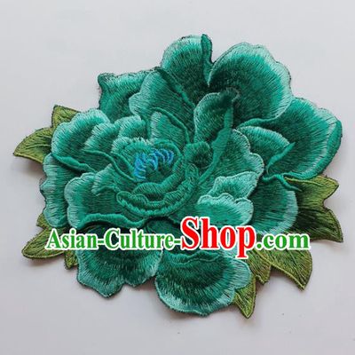 Chinese Traditional Embroidery Peacock Green Peony Flowers Applique Embroidered Patches Embroidering Cloth Accessories