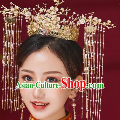 Chinese Ancient Bride Silk Flowers Phoenix Coronet Hairpins Traditional Wedding Xiu He Hair Accessories Complete Set for Women
