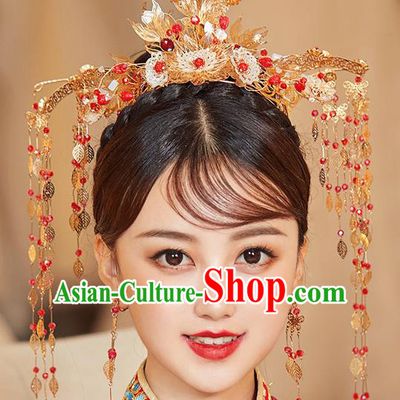Chinese Ancient Bride Flowers Phoenix Coronet Hairpins Traditional Wedding Xiu He Hair Accessories Complete Set for Women