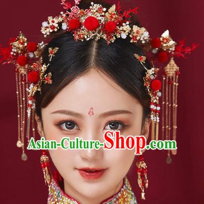Chinese Ancient Bride Red Venonat Phoenix Coronet Hairpins Traditional Wedding Xiu He Hair Accessories Complete Set for Women