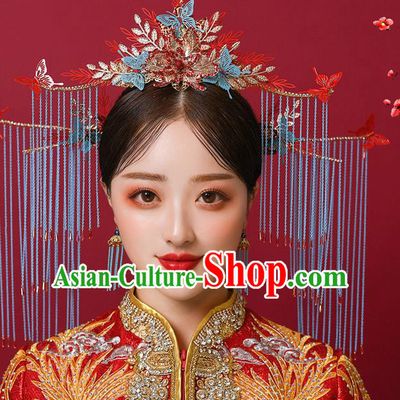 Chinese Ancient Bride Butterfly Phoenix Coronet Hairpins Traditional Wedding Xiu He Hair Accessories Complete Set for Women