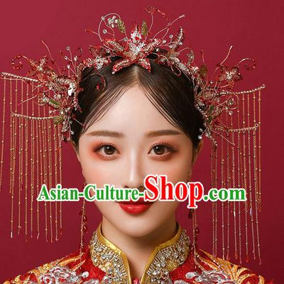 Chinese Ancient Bride Red Beads Phoenix Coronet Tassel Hairpins Traditional Wedding Xiu He Hair Accessories Complete Set for Women