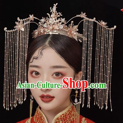 Chinese Ancient Bride Tassel Phoenix Coronet Hairpins Traditional Wedding Xiu He Hair Accessories Complete Set for Women