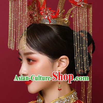 Chinese Ancient Bride Red Phoenix Coronet Hairpins Traditional Wedding Xiu He Hair Accessories Complete Set for Women