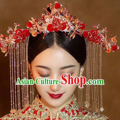 Chinese Ancient Bride Red Venonat Hair Crown Hairpins Traditional Wedding Xiu He Hair Accessories Complete Set for Women