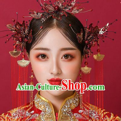 Chinese Ancient Bride Hair Comb Tassel Hairpins Traditional Wedding Xiu He Hair Accessories Complete Set for Women