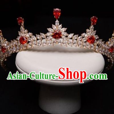 Handmade Wedding Red Crystal Zircon Royal Crown Princess Bride Hair Accessories for Women