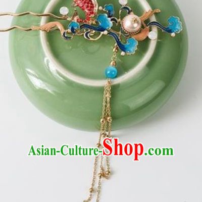 Chinese Ancient Bride Red Carp Tassel Hair Clip Traditional Wedding Xiu He Hairpins Hair Accessories for Women